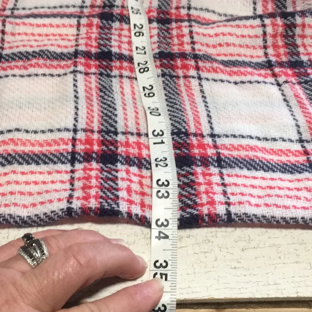 Woman’s lightweight pink navy white plaid infinity scarf with frayed edges